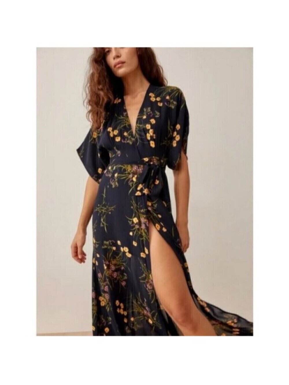 Reformation Winslow Maxi Wrap Dress Navy Yellow Floral Mademoiselle Sz M Poetic - Picture 2 of 11